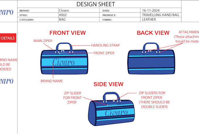 design bag tech pack and technical flat sketch